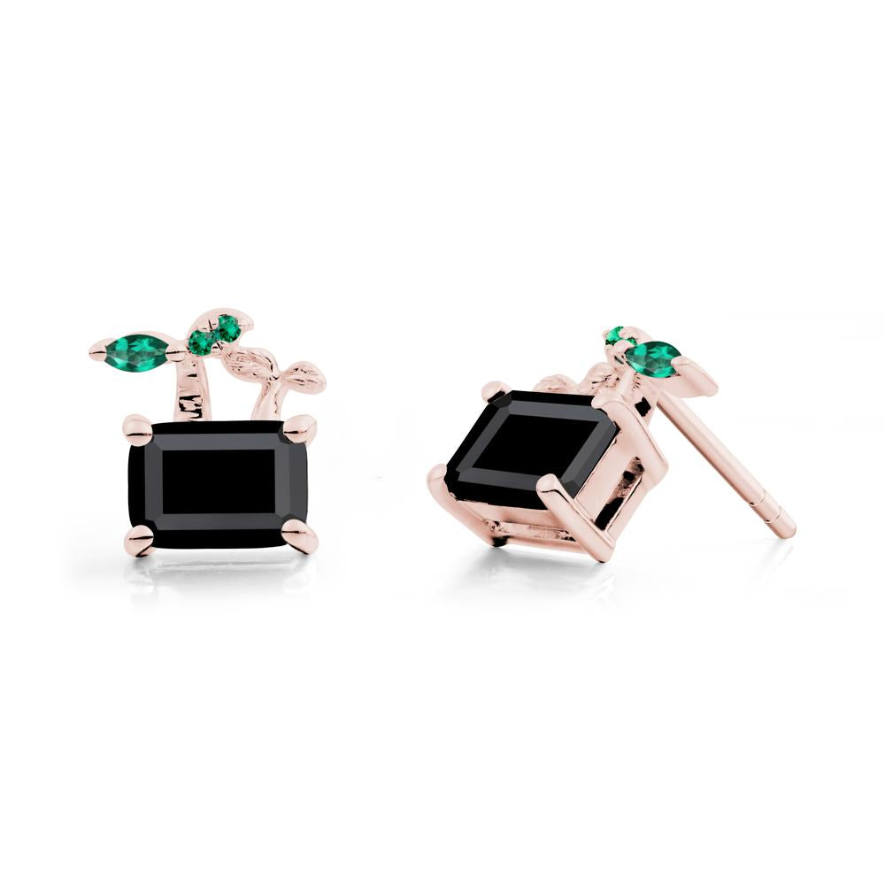 Emerald Cut Black Spinel and Emerald Sprout Earrings - LUO Jewelry #metal_18k rose gold
