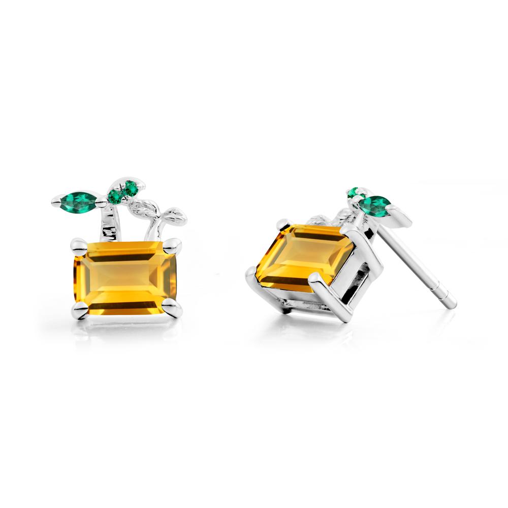 Emerald Cut Citrine and Emerald Sprout Earrings - LUO Jewelry #metal_18k white gold