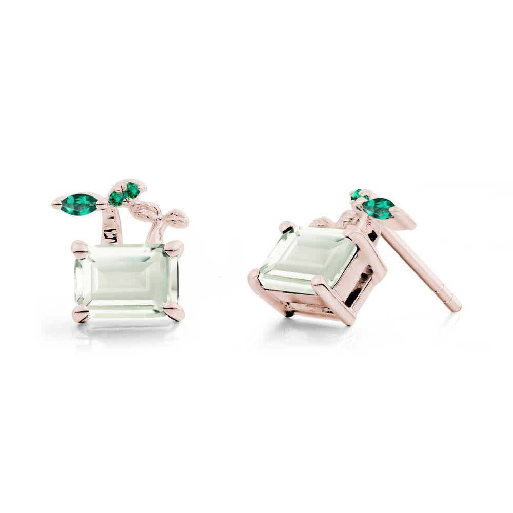 Emerald Cut Green Amethyst and Emerald Sprout Earrings - LUO Jewelry #metal_14k rose gold