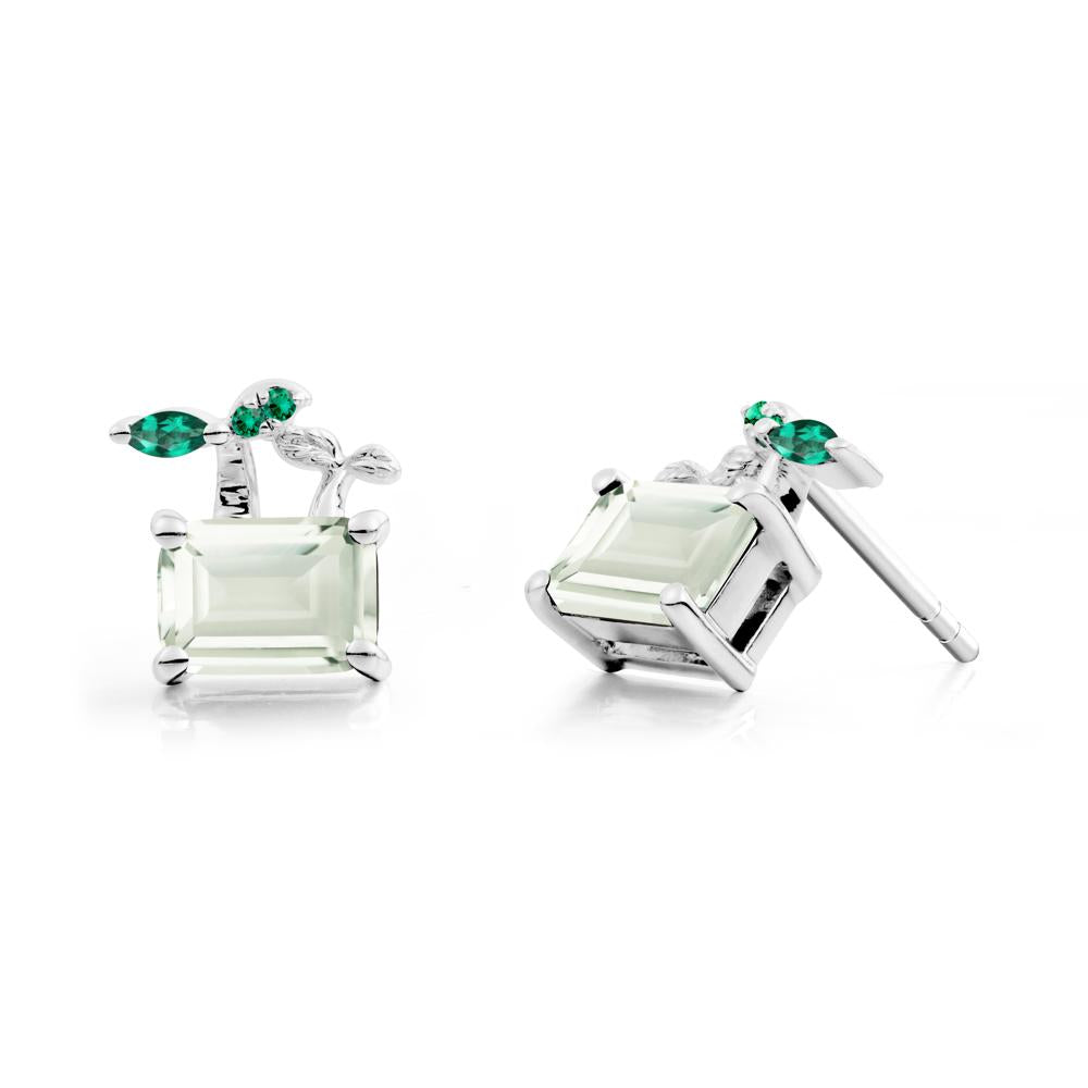 Emerald Cut Green Amethyst and Emerald Sprout Earrings - LUO Jewelry #metal_18k white gold