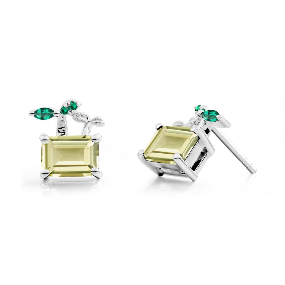 Emerald Cut Lemon Quartz and Emerald Sprout Earrings - LUO Jewelry #metal_14k white gold