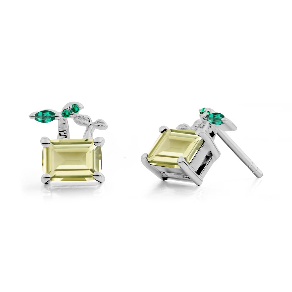 Emerald Cut Lemon Quartz and Emerald Sprout Earrings - LUO Jewelry #metal_platinum