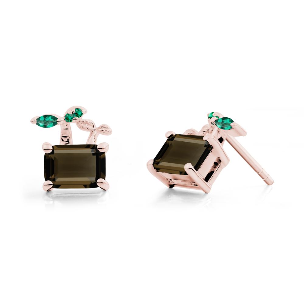 Emerald Cut Smoky Quartz and Emerald Sprout Earrings - LUO Jewelry #metal_18k rose gold