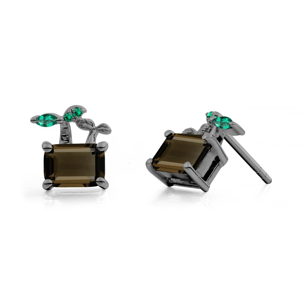 Emerald Cut Smoky Quartz and Emerald Sprout Earrings - LUO Jewelry #metal_black finish sterling silver