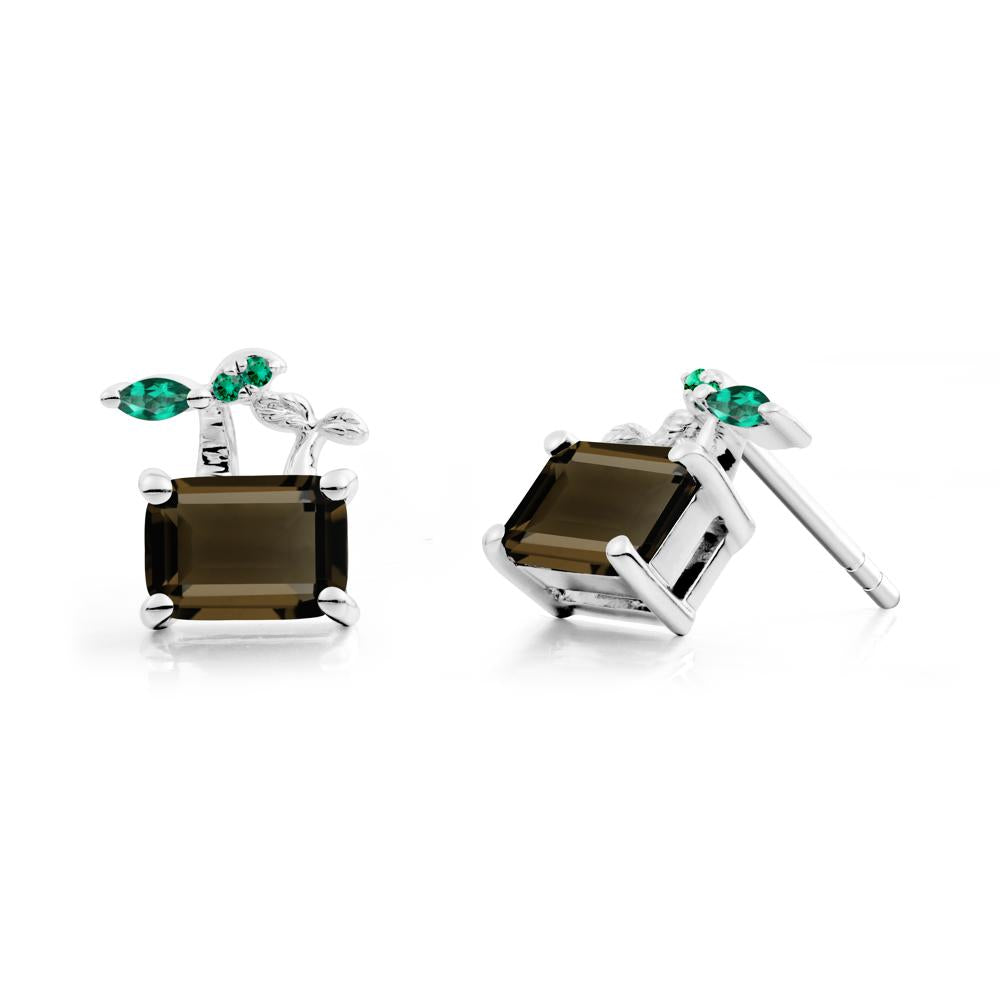 Emerald Cut Smoky Quartz and Emerald Sprout Earrings - LUO Jewelry #metal_sterling silver
