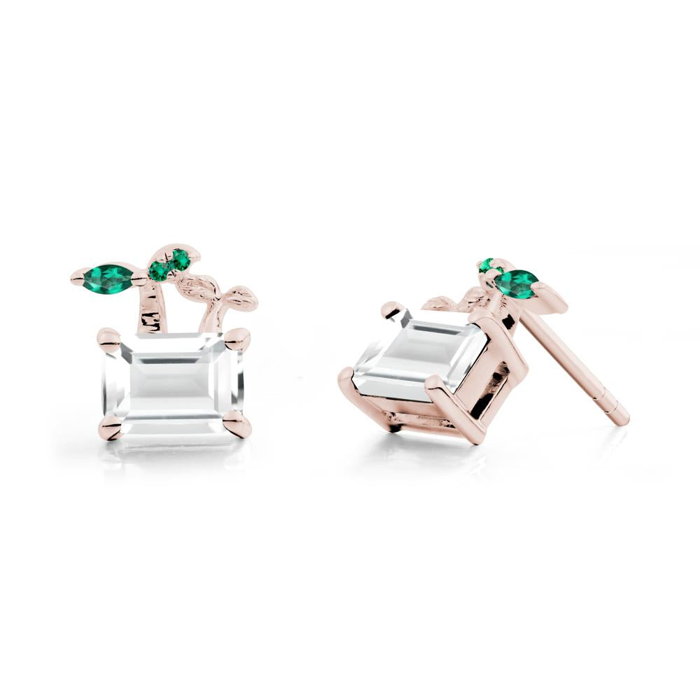 Nature Inspired White Topaz and Emerald Stud Earrings - LUO Jewelry #metal_14k rose gold