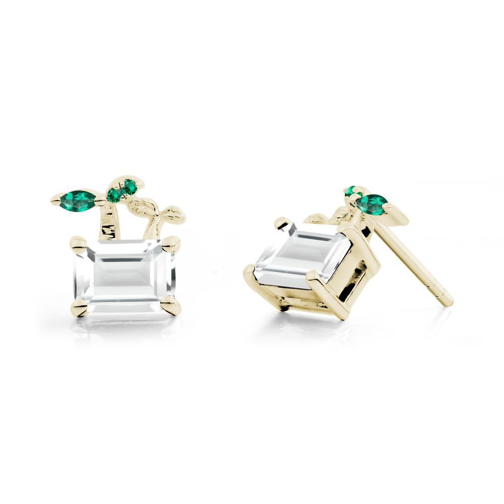Nature Inspired White Topaz and Emerald Stud Earrings - LUO Jewelry #metal_14k yellow gold