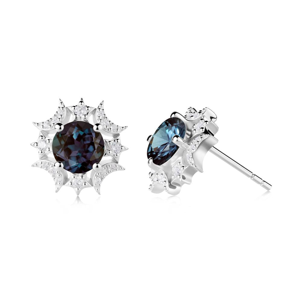 Round Alexandrite Celestial Star Stud Earrings - LUO Jewelry #metal_18k white gold