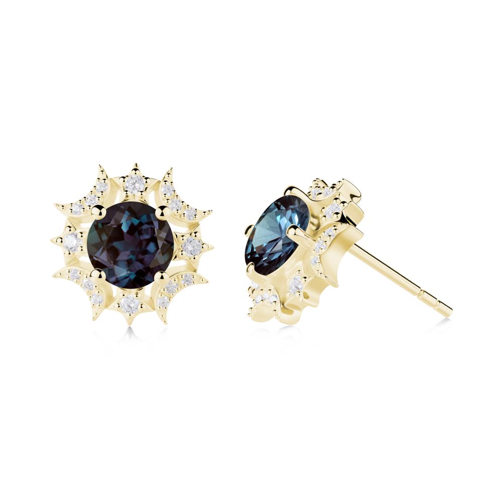 Round Alexandrite Celestial Star Stud Earrings - LUO Jewelry #metal_18k yellow gold