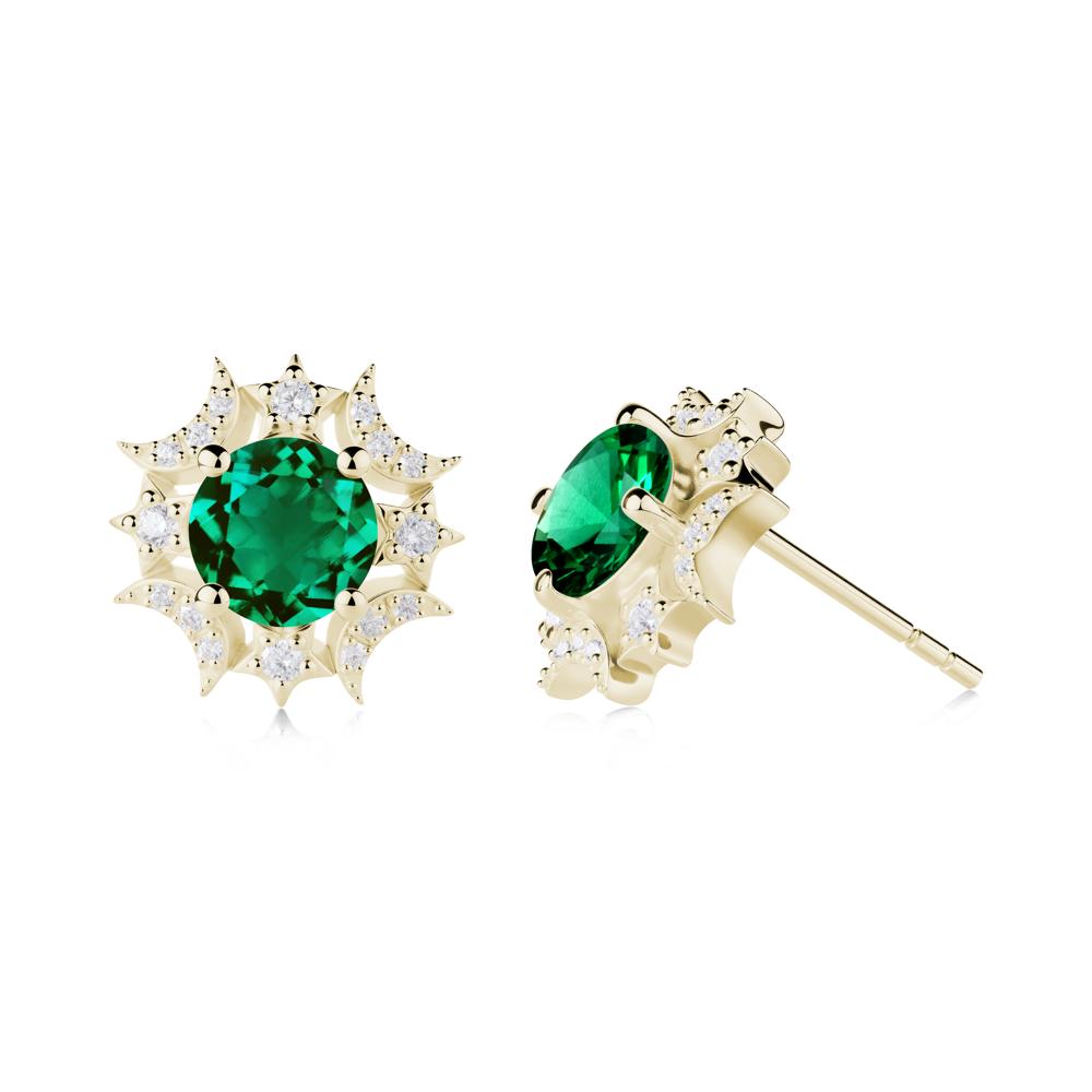 Round Emerald Celestial Star Stud Earrings - LUO Jewelry #metal_14k yellow gold