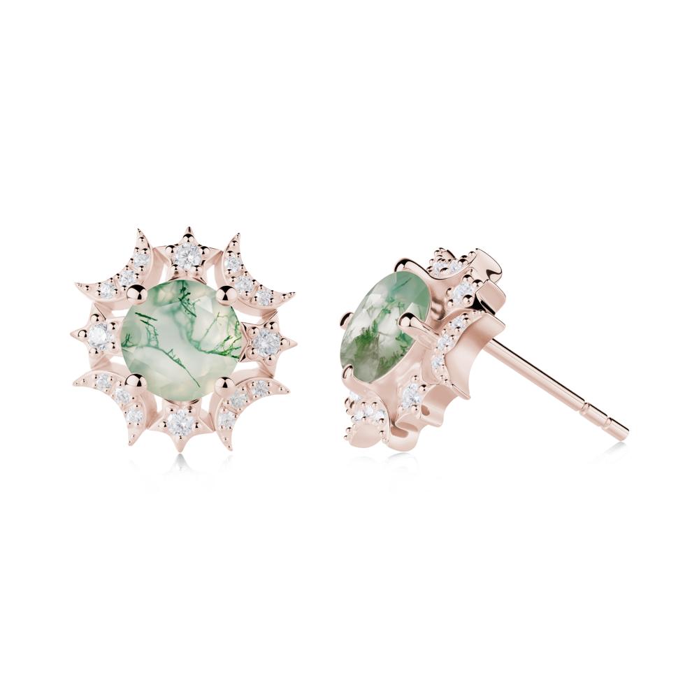 Round Moss Agate Celestial Star Stud Earrings - LUO Jewelry #metal_14k rose gold