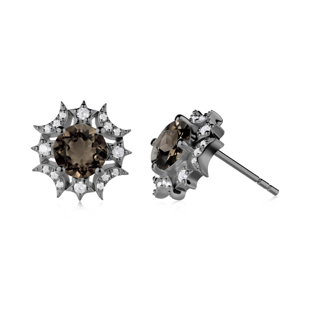 Round Smoky Quartz Celestial Star Stud Earrings - LUO Jewelry #metal_black finish sterling silver