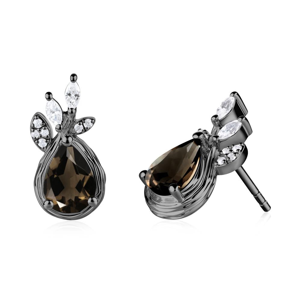 Tree Bark Texture Pear Shaped Smoky Quartz Stud Earrings - LUO Jewelry #metal_black finish sterling silver