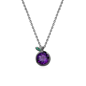 Round Amethyst and Emerald Leaf Pendant Necklace - LUO Jewelry #metal_black finish sterling silver