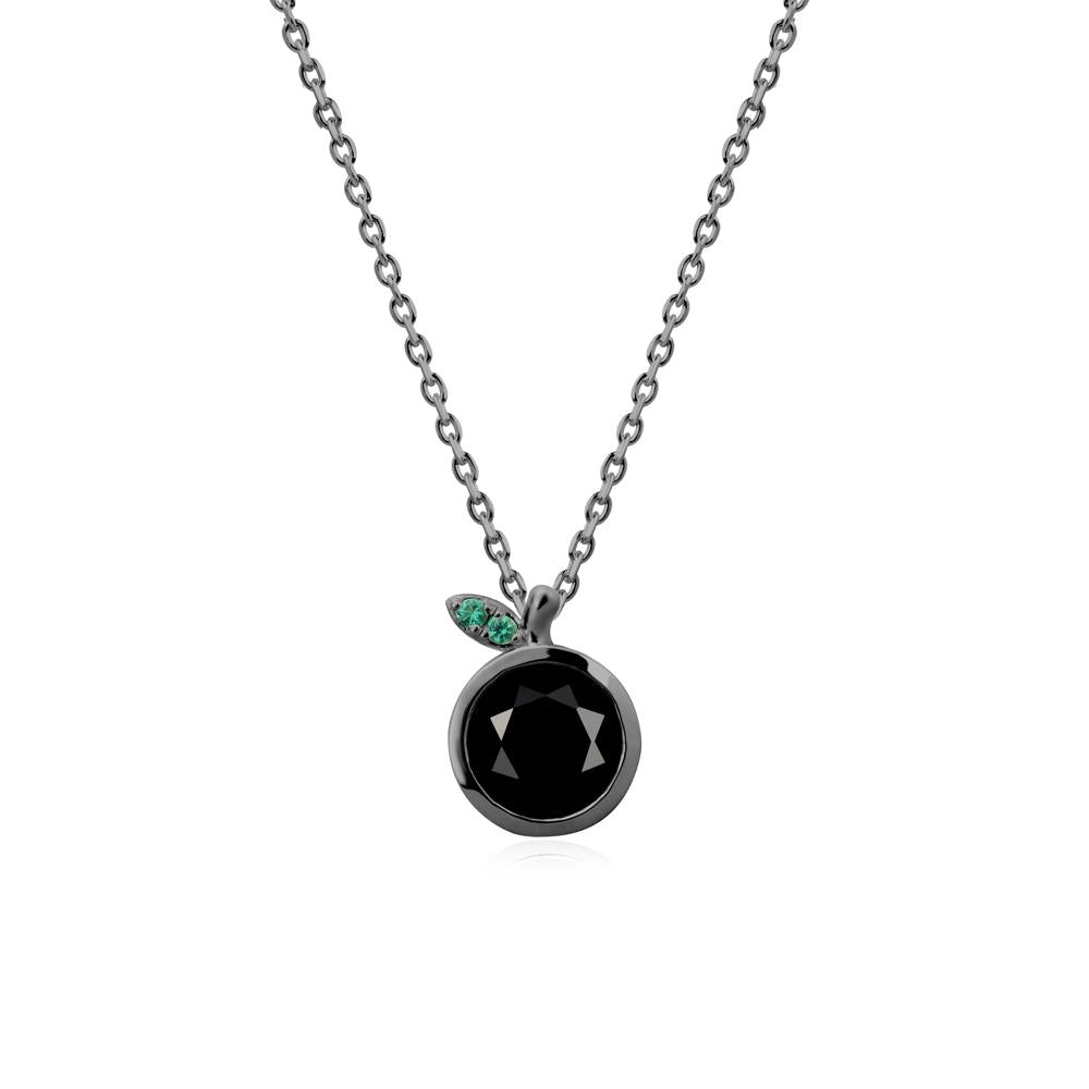 Round Black Spinel and Emerald Leaf Pendant Necklace - LUO Jewelry #metal_black finish sterling silver