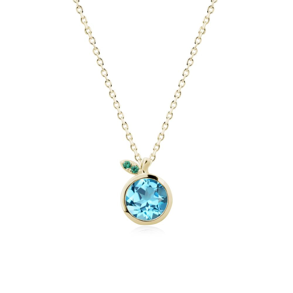 Round Swiss Blue Topaz and Emerald Leaf Pendant Necklace - LUO Jewelry #metal_14k yellow gold