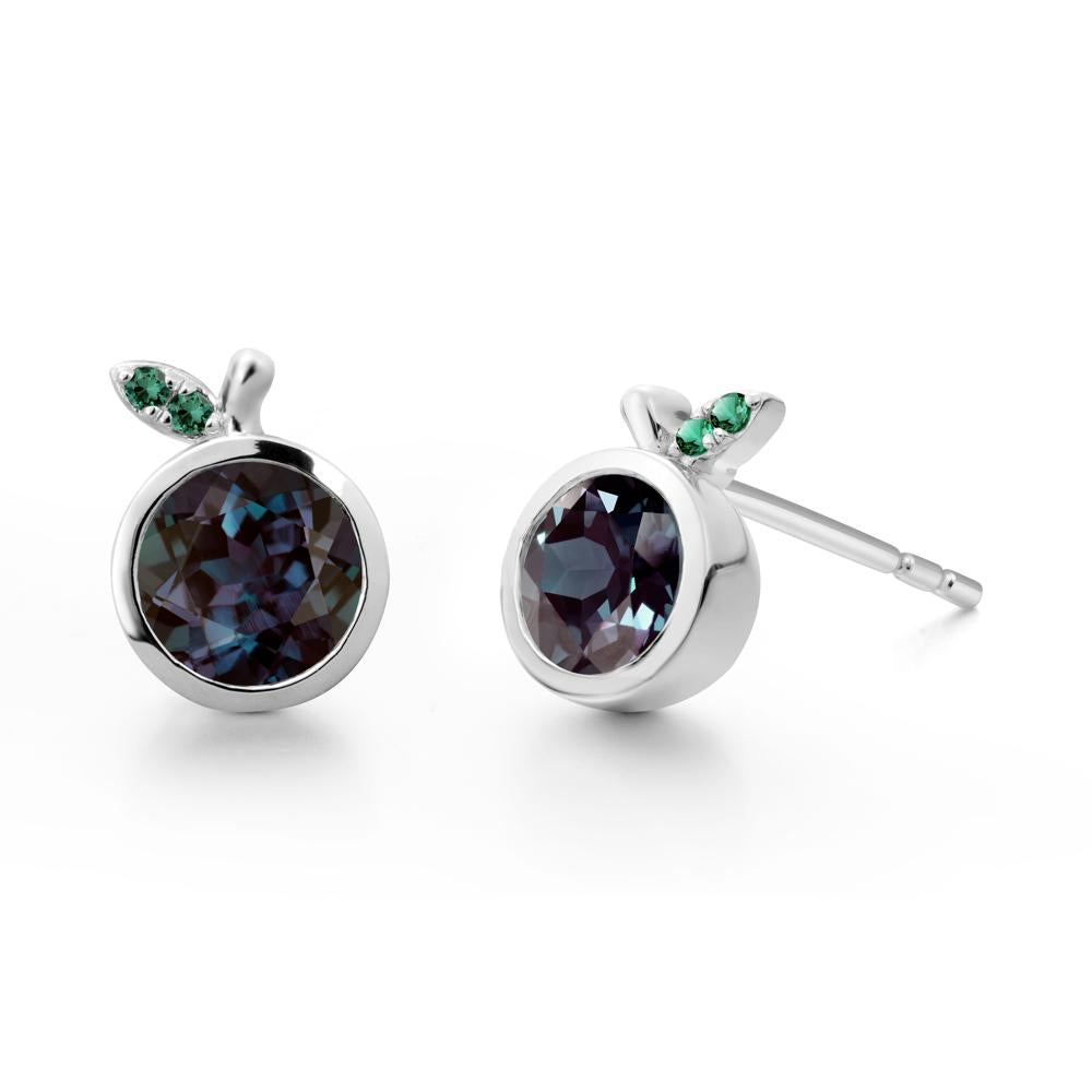 Bezel Setting Round Alexandrite and Emerald Fruit Earrings - LUO Jewelry #metal_14k white gold