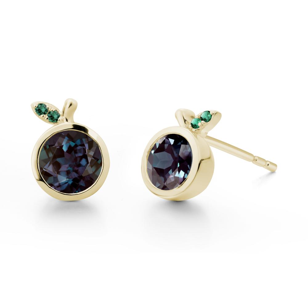 Bezel Setting Round Alexandrite and Emerald Fruit Earrings - LUO Jewelry #metal_14k yellow gold