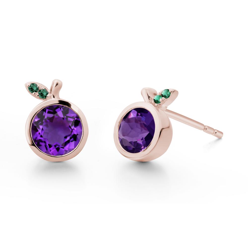 Round Amethyst and Emerald Leaf Stud Earrings - LUO Jewelry #metal_14k rose gold