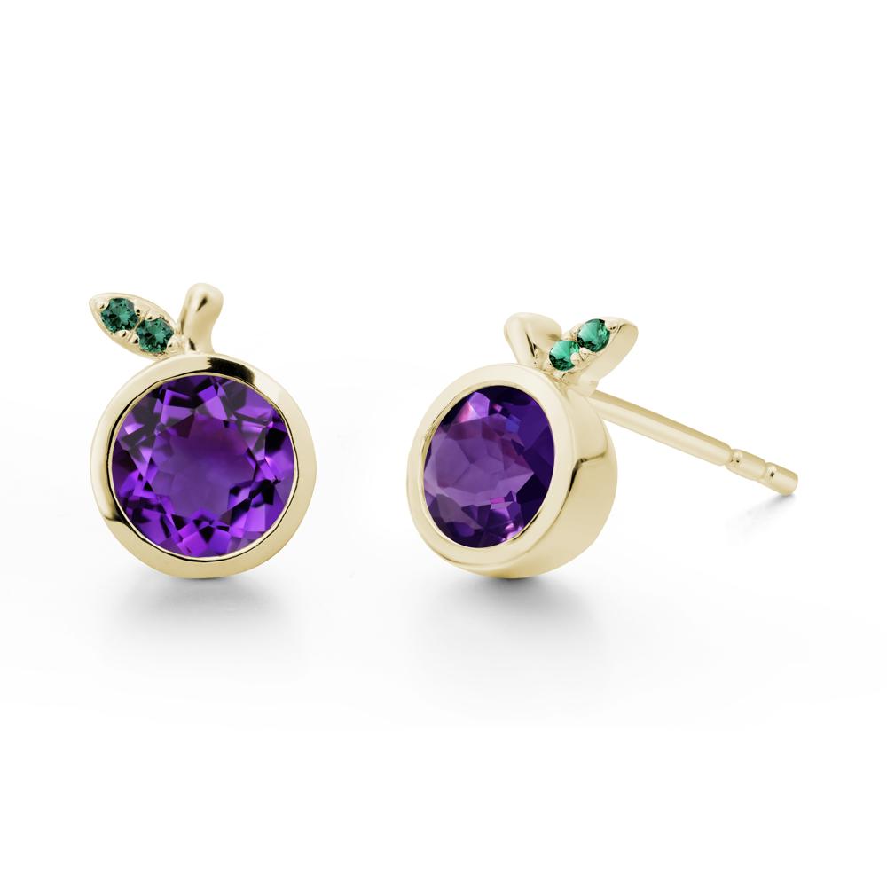 Round Amethyst and Emerald Leaf Stud Earrings - LUO Jewelry #metal_14k yellow gold