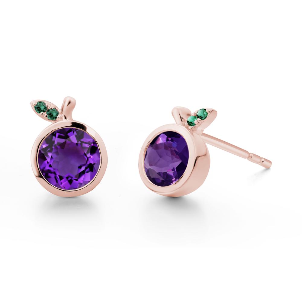 Round Amethyst and Emerald Leaf Stud Earrings - LUO Jewelry #metal_18k rose gold