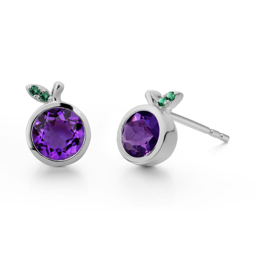 Round Amethyst and Emerald Leaf Stud Earrings - LUO Jewelry #metal_platinum