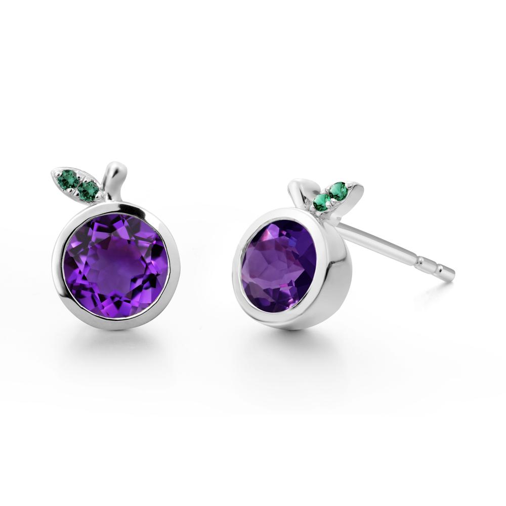Round Amethyst and Emerald Leaf Stud Earrings - LUO Jewelry #metal_sterling silver
