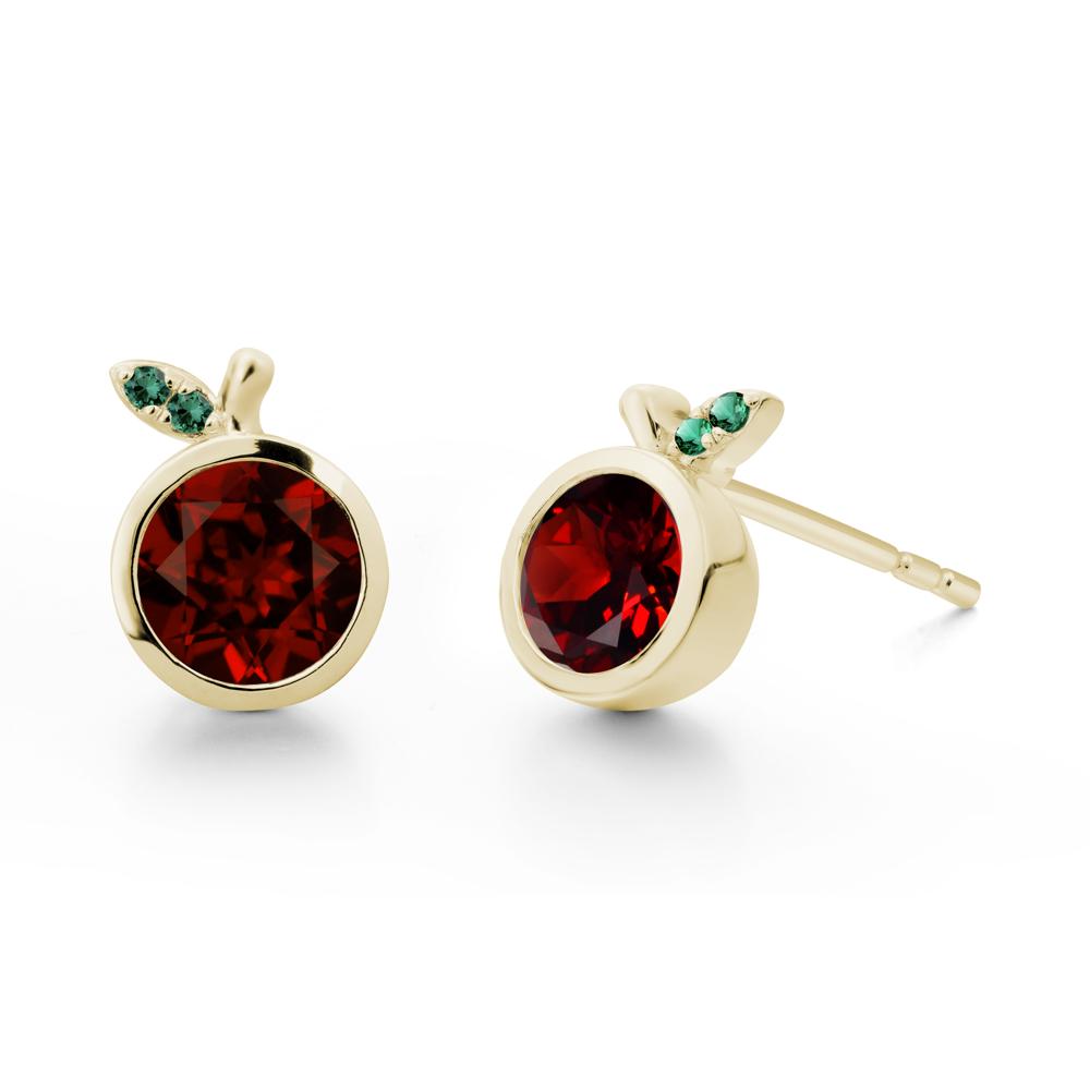 Round Garnet and Emerald Leaf Stud Earrings - LUO Jewelry #metal_14k yellow gold