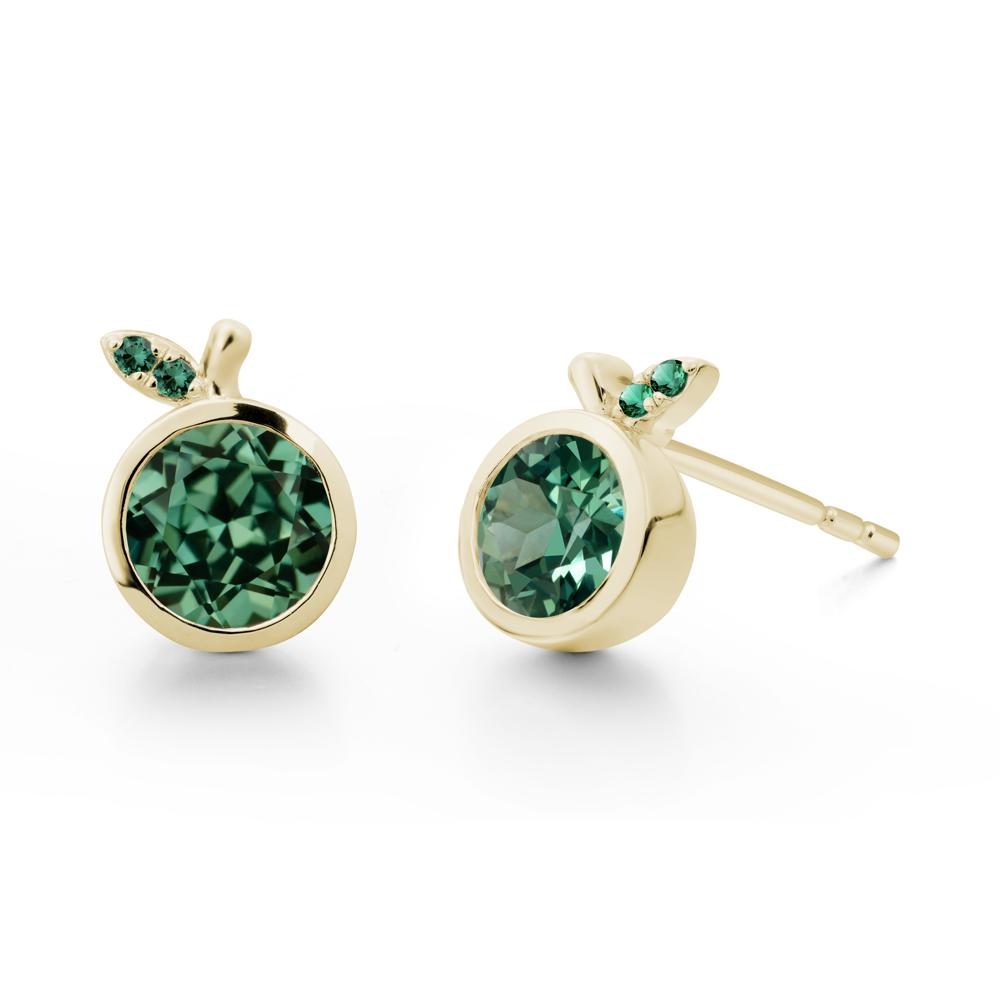 Round Green Sapphire and Emerald Leaf Stud Earrings - LUO Jewelry #metal_14k yellow gold