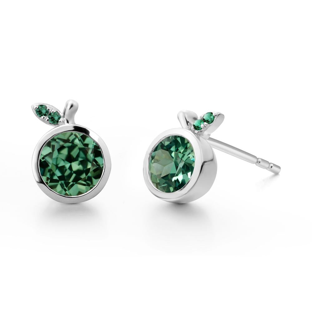 Round Green Sapphire and Emerald Leaf Stud Earrings - LUO Jewelry #metal_18k white gold