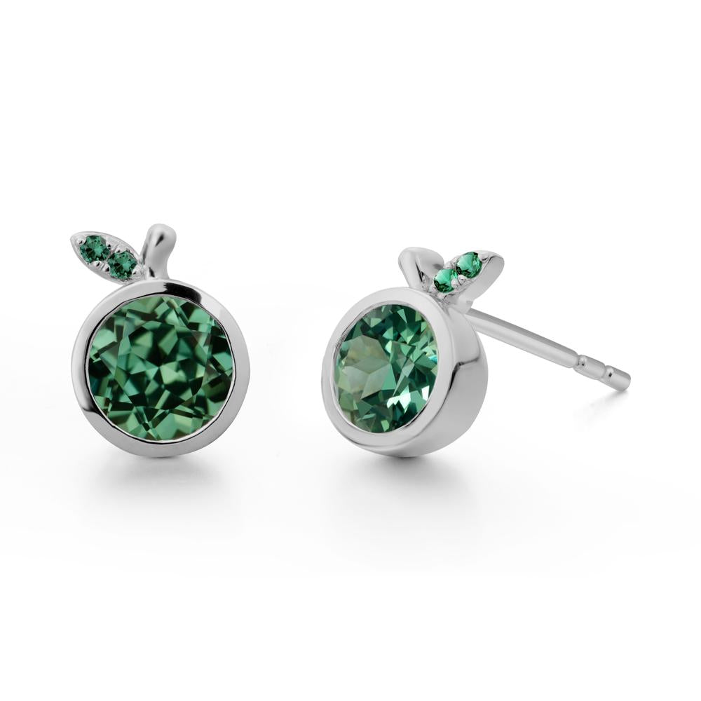 Round Green Sapphire and Emerald Leaf Stud Earrings - LUO Jewelry #metal_platinum