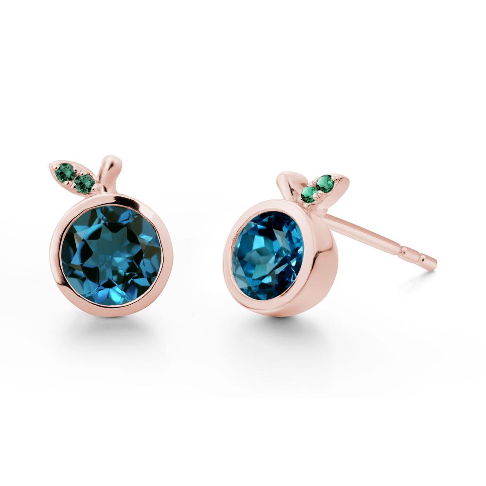Round London Blue Topaz and Emerald Leaf Stud Earrings - LUO Jewelry #metal_18k rose gold