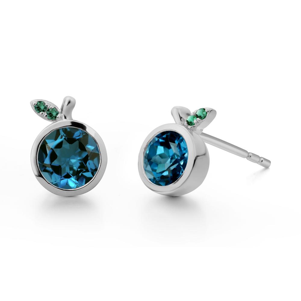 Round London Blue Topaz and Emerald Leaf Stud Earrings - LUO Jewelry #metal_platinum