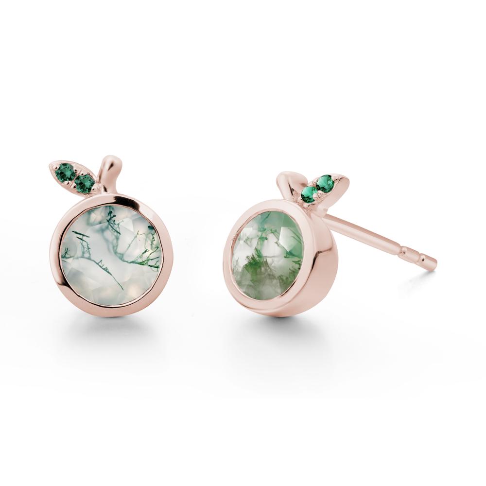 Round Moss Agate and Emerald Leaf Stud Earrings - LUO Jewelry #metal_14k rose gold
