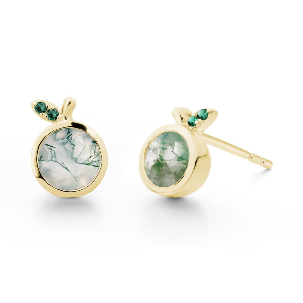 Round Moss Agate and Emerald Leaf Stud Earrings - LUO Jewelry #metal_18k yellow gold