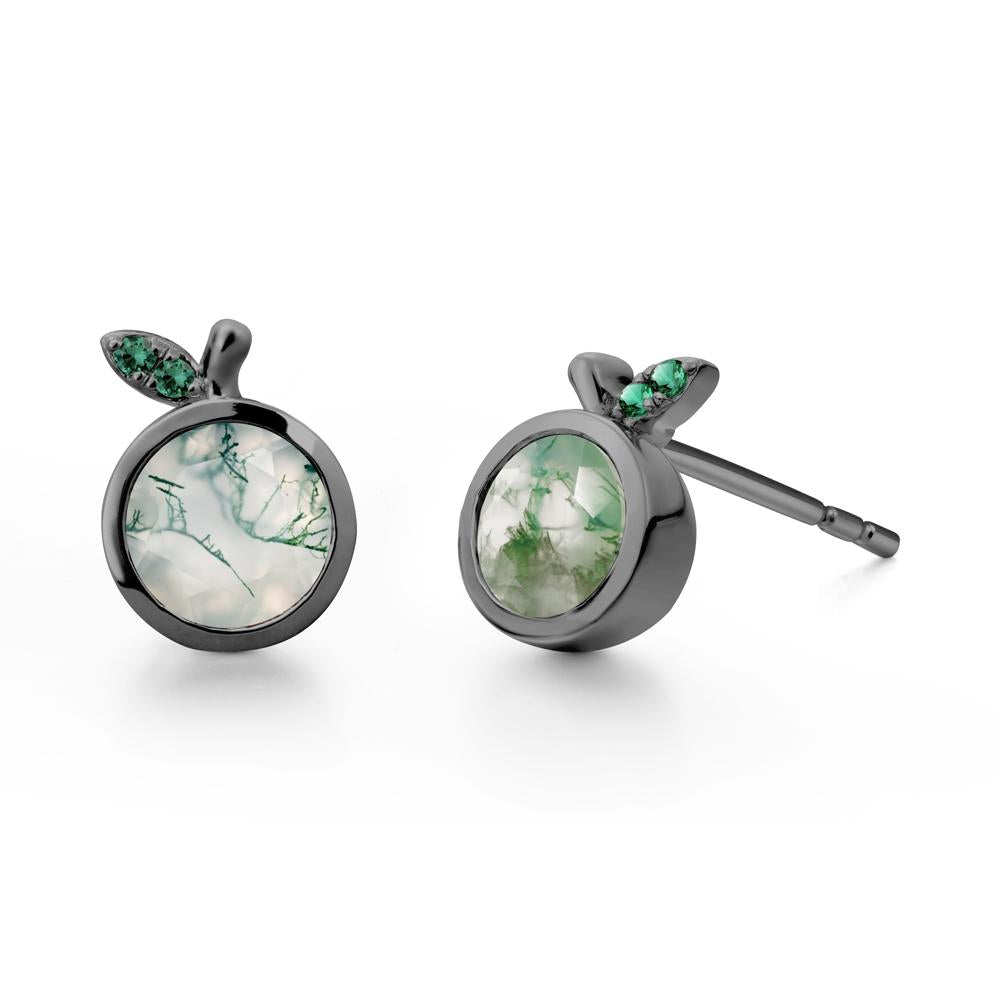 Round Moss Agate and Emerald Leaf Stud Earrings - LUO Jewelry #metal_black finish sterling silver