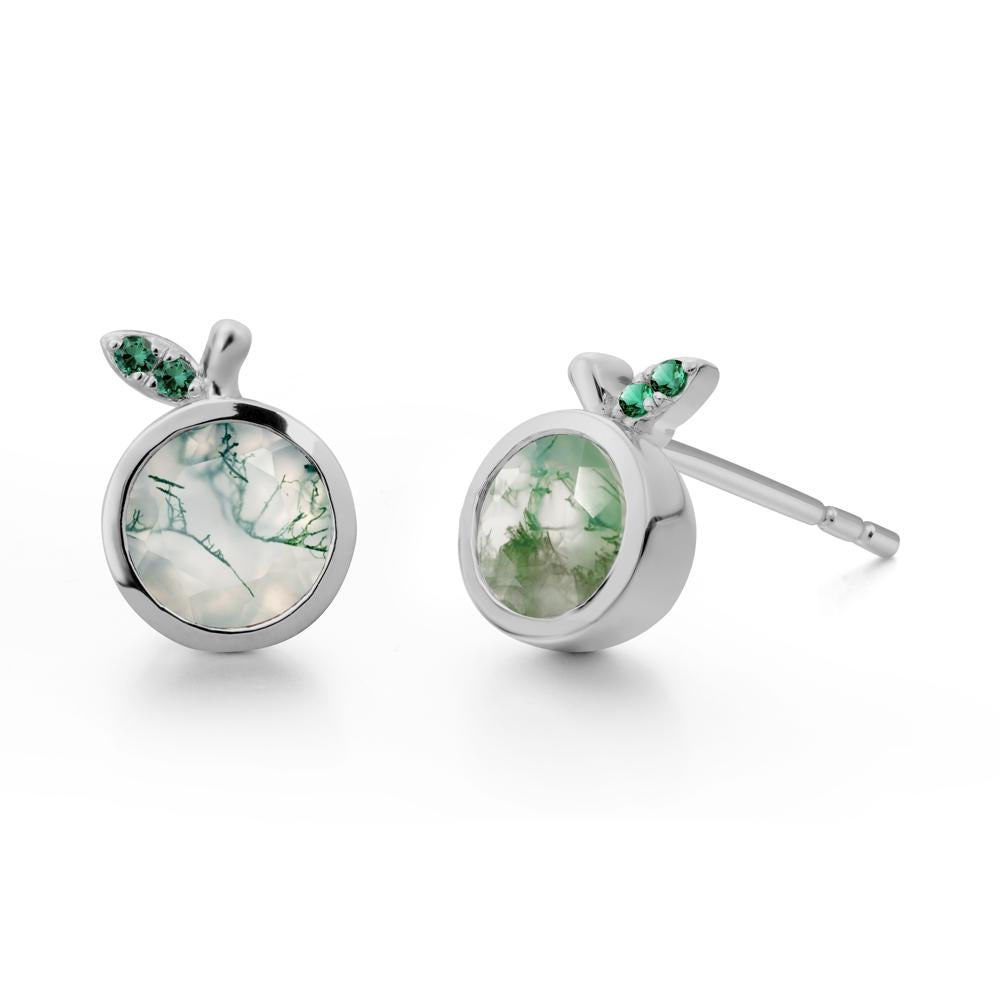 Round Moss Agate and Emerald Leaf Stud Earrings - LUO Jewelry #metal_platinum