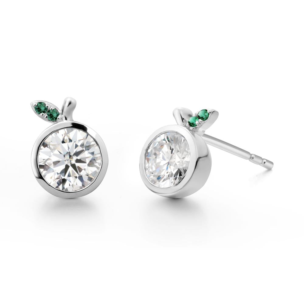 Bezel Setting Round Moissanite and Emerald Fruit Earrings - LUO Jewelry #metal_14k white gold
