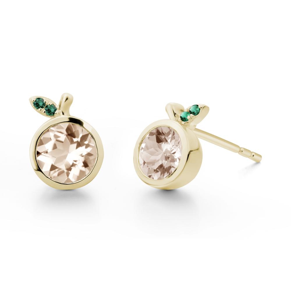 Round Morganite and Emerald Leaf Stud Earrings - LUO Jewelry #metal_14k yellow gold
