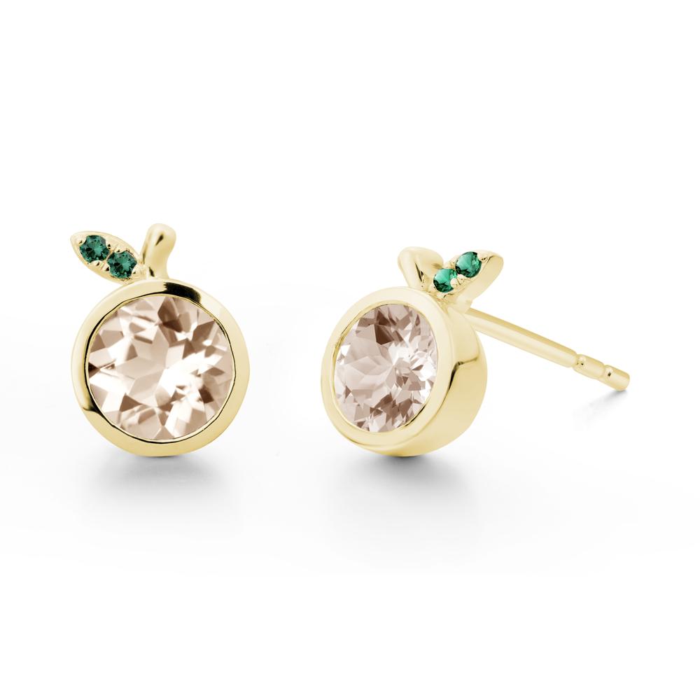 Round Morganite and Emerald Leaf Stud Earrings - LUO Jewelry #metal_18k yellow gold