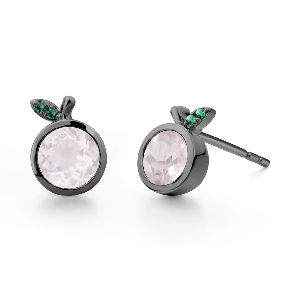 Round Rose Quartz and Emerald Leaf Stud Earrings - LUO Jewelry #metal_black finish sterling silver