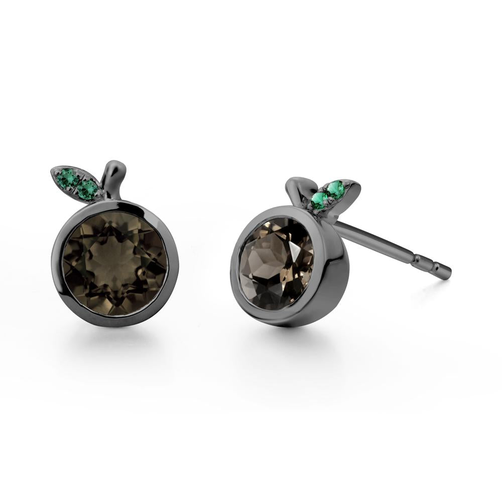 Round Smoky Quartz and Emerald Leaf Stud Earrings - LUO Jewelry #metal_black finish sterling silver