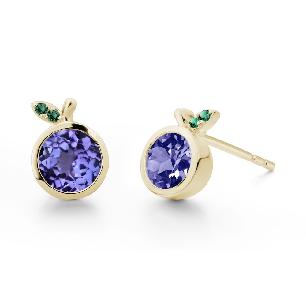 Bezel Setting Round Tanzanite and Emerald Fruit Earrings - LUO Jewelry #metal_14k yellow gold