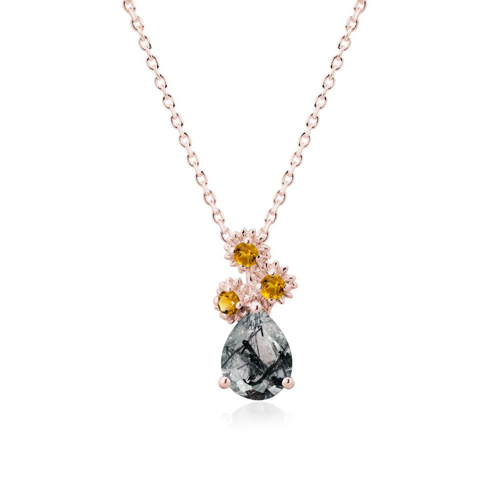 Pear Shaped Black Rutilated Quartz and Citrine Sunflower Necklace - LUO Jewelry #metal_18k rose gold