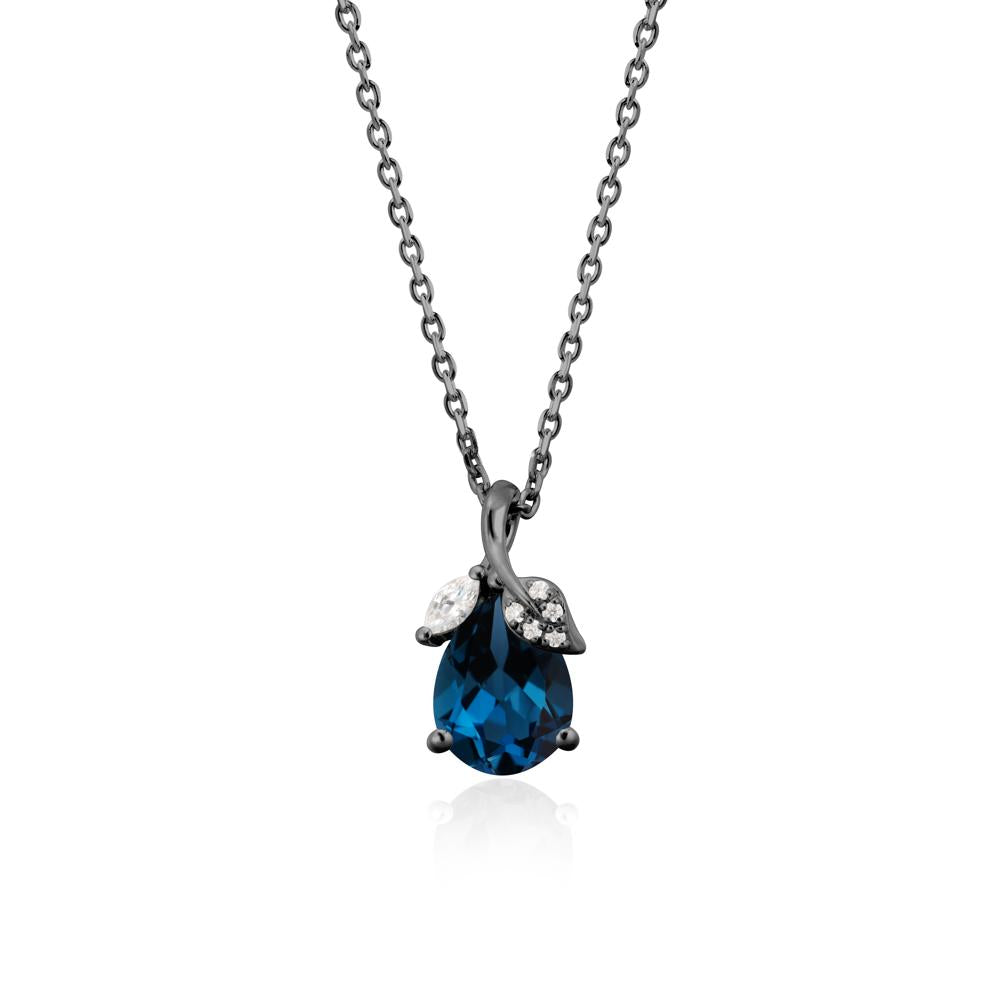 Pear Shaped London Blue Topaz Leaf Pendant Necklace - LUO Jewelry #metal_black finish sterling silver