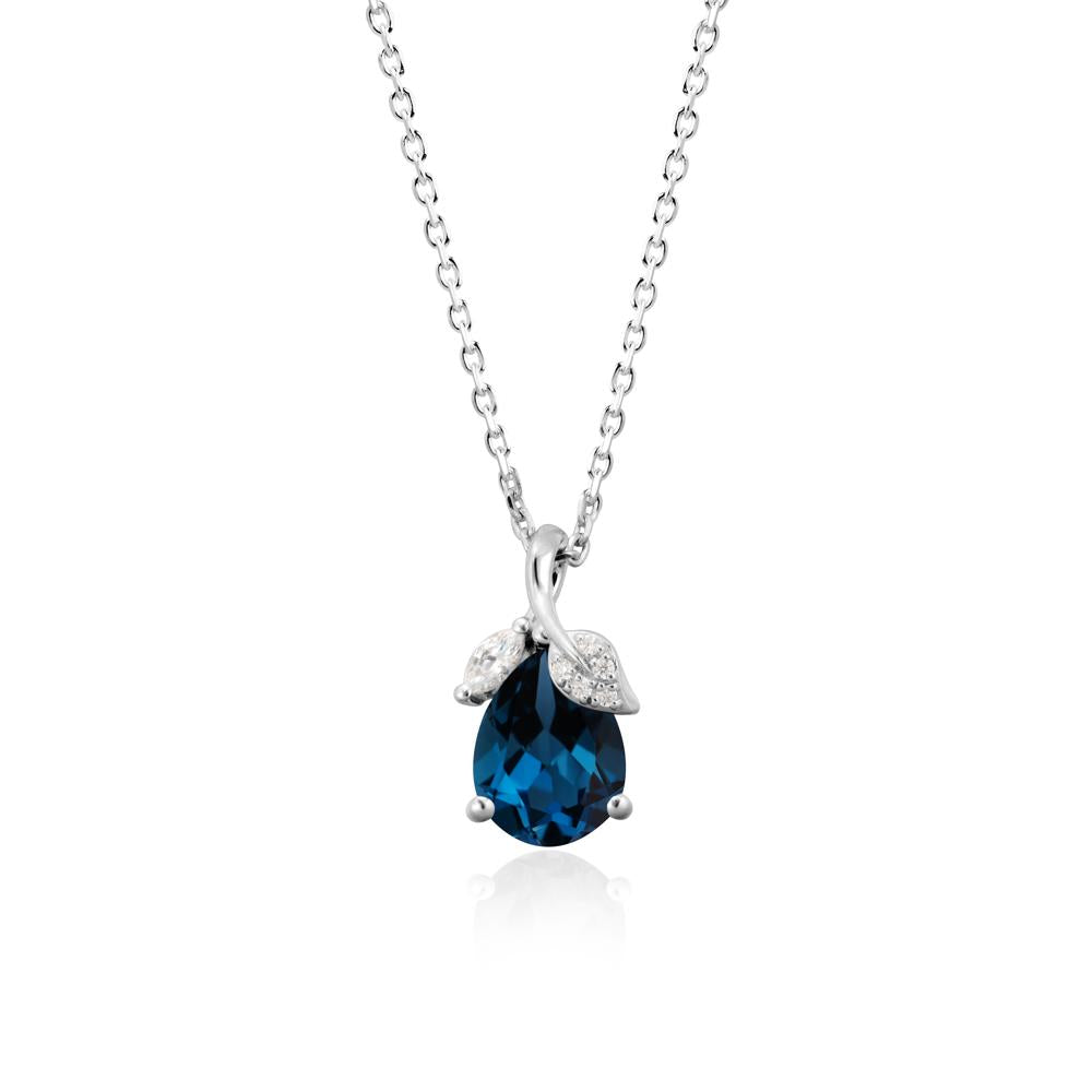 Pear Shaped London Blue Topaz Leaf Pendant Necklace - LUO Jewelry #metal_sterling silver