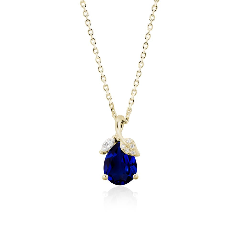 Pear Shaped Sapphire Leaf Pendant Necklace - LUO Jewelry #metal_14k yellow gold