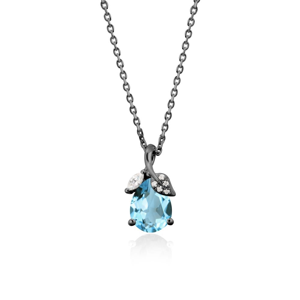 Pear Shaped Swiss Blue Topaz Leaf Pendant Necklace - LUO Jewelry #metal_black finish sterling silver