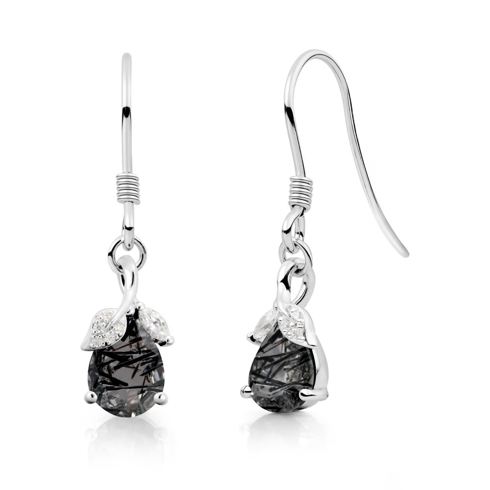 Pear Shaped Black Rutilated Quartz Leaf Dangle Earrings - LUO Jewelry #metal_18k white gold