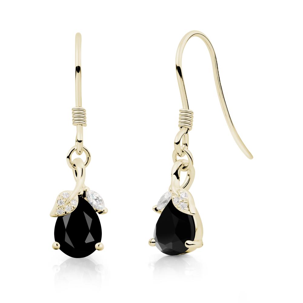 Pear Shaped Black Spinel Leaf Dangle Earrings - LUO Jewelry #metal_14k yellow gold
